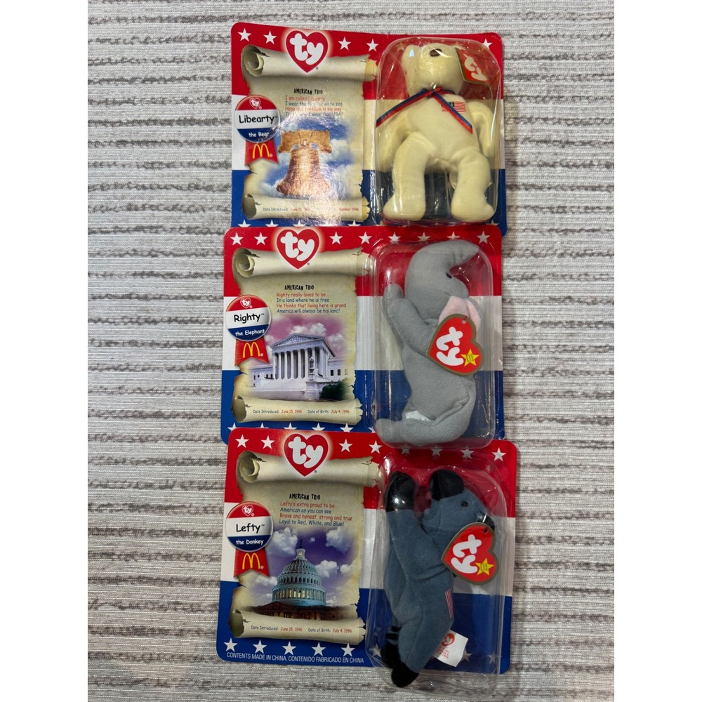 Ty‎ McDonald's Beanie Babies American Trio Libearty Righty Lefty Set of 3 New
